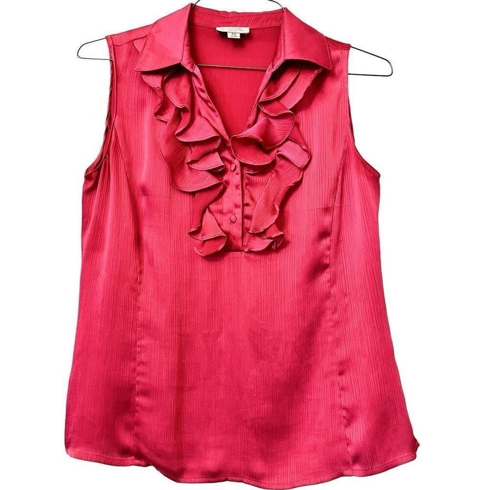 Tahari Arthur Levine 1/2 Button Ruffle Collar Crepe Sleeveless Blouse Red Small